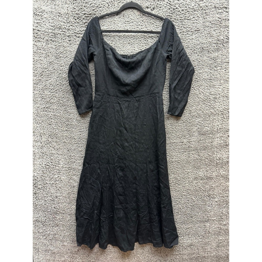 Reformation Smocked Long Sleeve Oria A-Line Midi Dress Black Womens Size 10